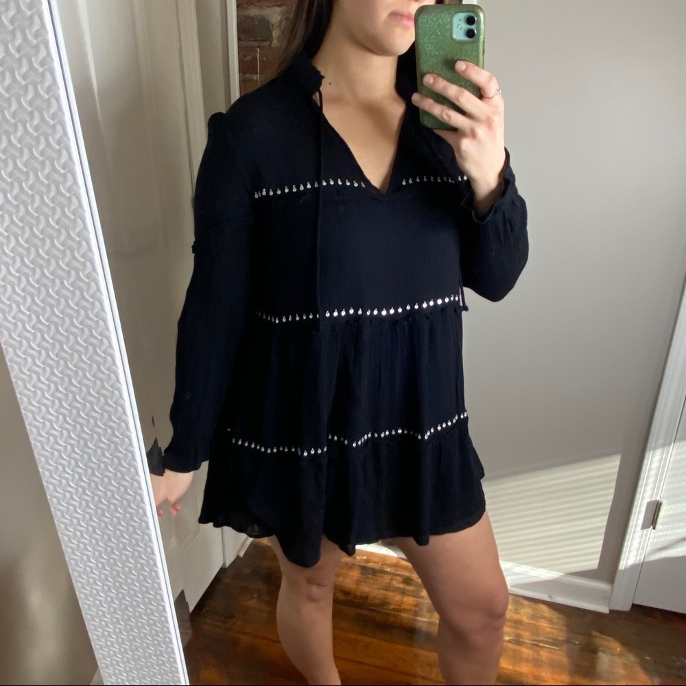 Lulu’s Make Some Waves Black Tiered Long Sleeve Boho Swing Dress Size Small - Picture 9 of 16